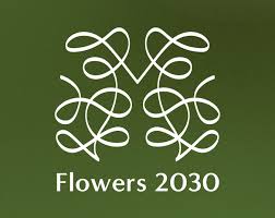 green background with the white Sustainable Floristry Network logo in the centre with Flowers 2030 written below in white