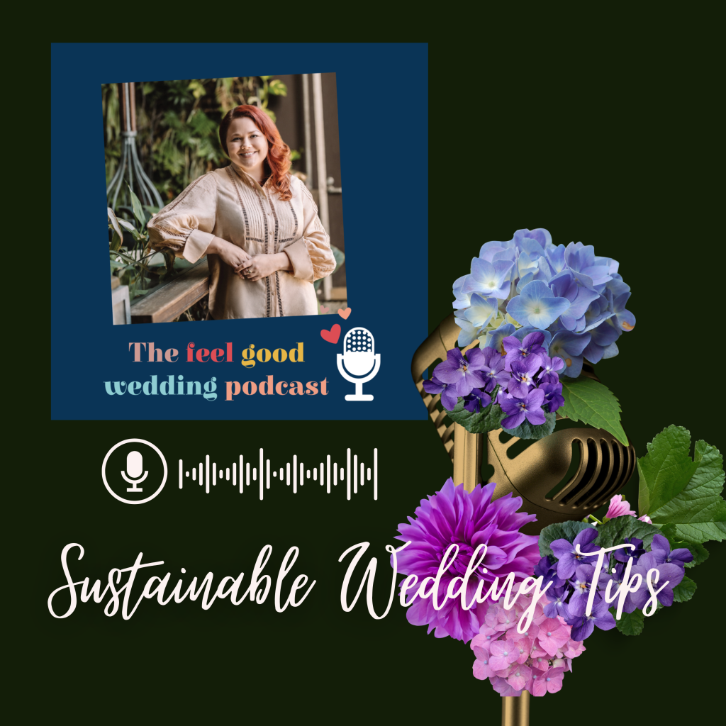 Dark green background with the words 'Sustainable Wedding Tips' along the bottom of the square image. In the top left corner is a portrait of Kris. in the right lower corner is an old fashioned microphone on stand, with flowers blooming from it. The image is promoting a podcast episode.