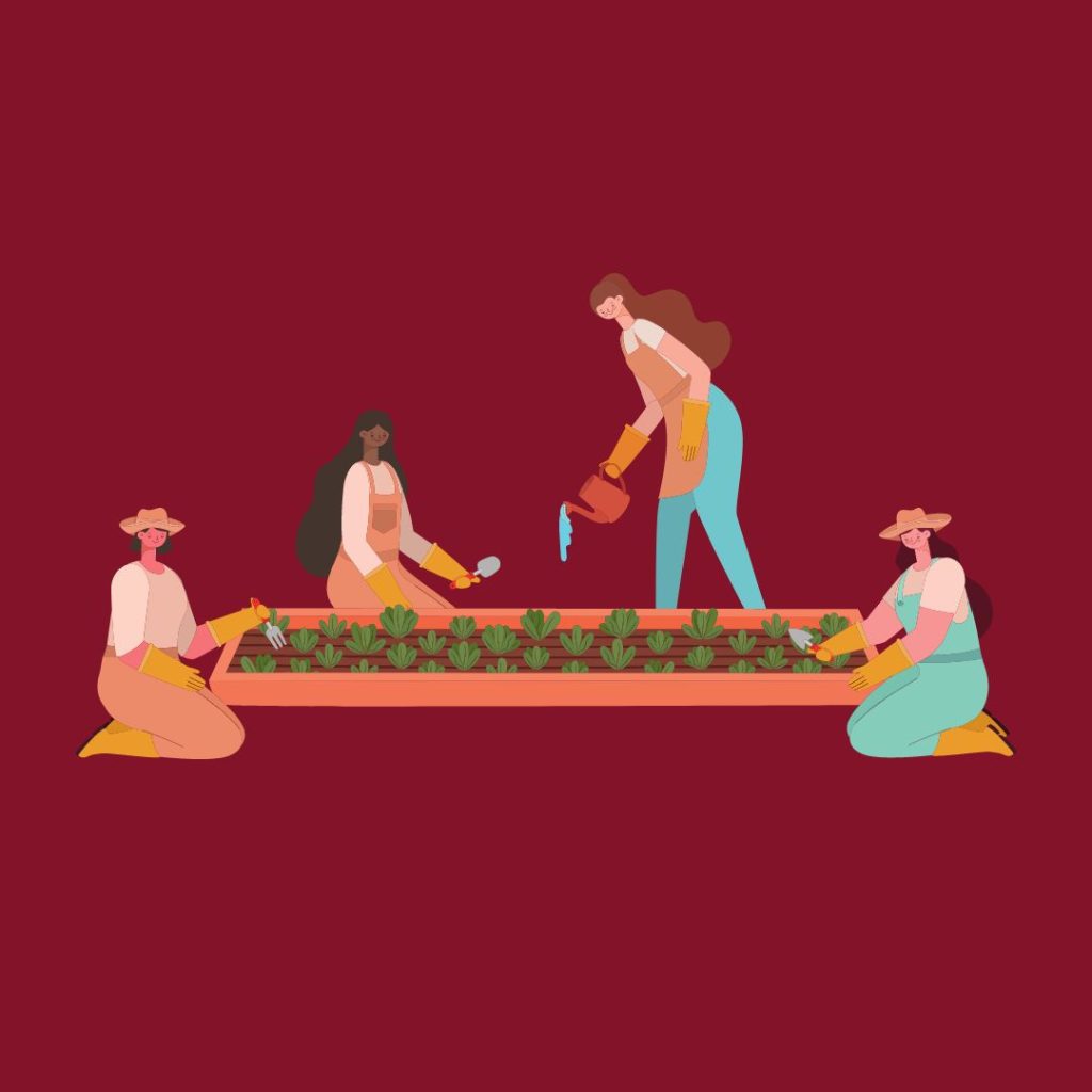 drawn image of 4 figures gardening