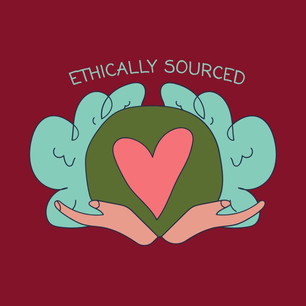 drawn image of hands holding a heart with the words Ethically Sourced at the top